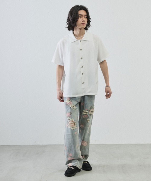 Shoowtime(ショウタイム)の「Metal Button Sheer Open-Collar Short Sleeve Shirt / メタルボタンシアーオープンカラー半袖シャツ(シャツ/ブラウス・メンズ・ホワイト/ブラック・MEDIUM/LARGE/X-LARGE)」の12枚目の写真