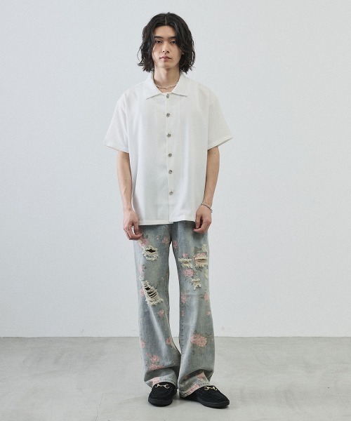 Shoowtime(ショウタイム)の「Metal Button Sheer Open-Collar Short Sleeve Shirt / メタルボタンシアーオープンカラー半袖シャツ(シャツ/ブラウス・メンズ・ホワイト/ブラック・MEDIUM/LARGE/X-LARGE)」の13枚目の写真