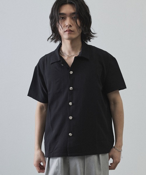 Shoowtime(ショウタイム)の「Metal Button Sheer Open-Collar Short Sleeve Shirt / メタルボタンシアーオープンカラー半袖シャツ(シャツ/ブラウス・メンズ・ホワイト/ブラック・MEDIUM/LARGE/X-LARGE)」の16枚目の写真