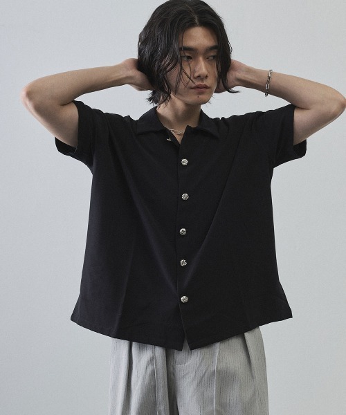 Shoowtime(ショウタイム)の「Metal Button Sheer Open-Collar Short Sleeve Shirt / メタルボタンシアーオープンカラー半袖シャツ(シャツ/ブラウス・メンズ・ホワイト/ブラック・MEDIUM/LARGE/X-LARGE)」の19枚目の写真