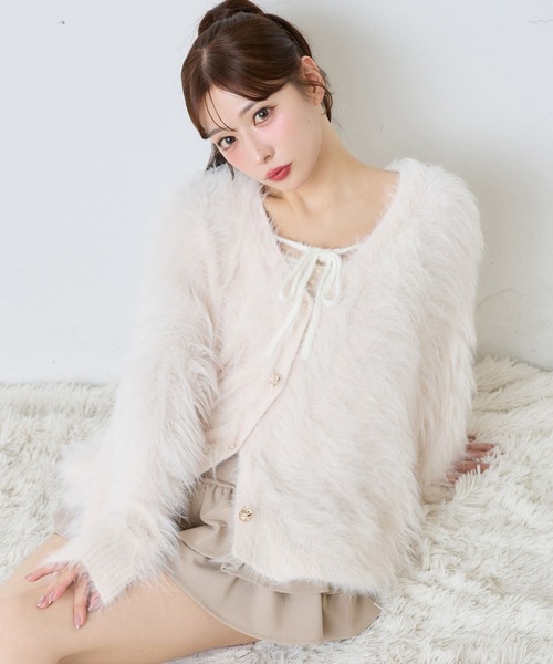 one after another NICE CLAUP(ワンアフターアナザーナイスクラップ)の「パウダーフェザーロングカーディガン【ビスチェ別売り】(カーディガン/ボレロ・レディース・アイボリー/ベージュ/サックスブルー/ピンク/グレー・FREE)」の5枚目の写真