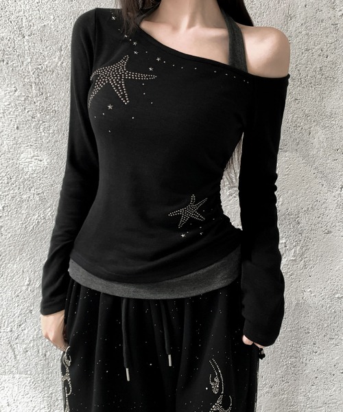 VEILA(ヴェイラ)の「スタービジュー サイドドロストホルターネック風フェイクレイヤードトップス(Tシャツ/カットソー・レディース・ホワイト/ブラック・フリー)」の2枚目の写真