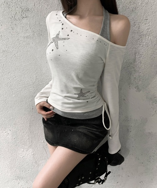 VEILA(ヴェイラ)の「スタービジュー サイドドロストホルターネック風フェイクレイヤードトップス(Tシャツ/カットソー・レディース・ホワイト/ブラック・フリー)」の7枚目の写真