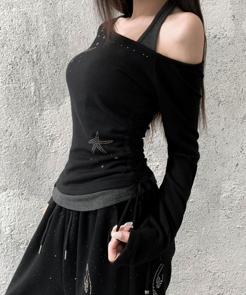 VEILA(ヴェイラ)の「スタービジュー サイドドロストホルターネック風フェイクレイヤードトップス(Tシャツ/カットソー・レディース・ホワイト/ブラック・フリー)」の16枚目の写真