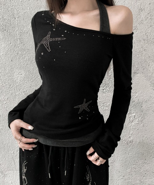 VEILA(ヴェイラ)の「スタービジュー サイドドロストホルターネック風フェイクレイヤードトップス(Tシャツ/カットソー・レディース・ホワイト/ブラック・フリー)」の19枚目の写真