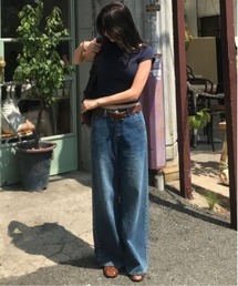 スタッズ付きデニムワイドパンツ