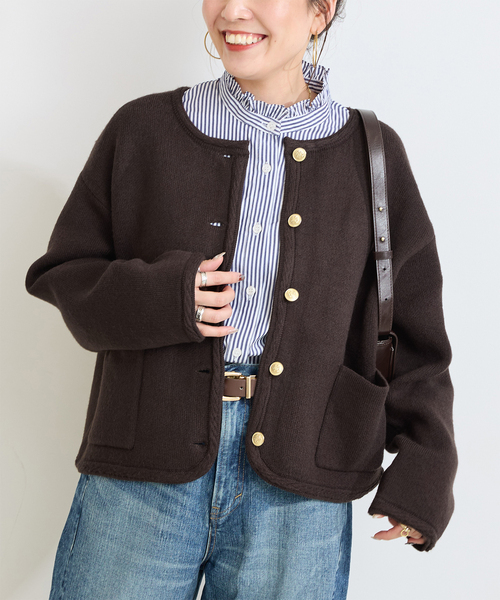 Simplicite(サンプリシテ)の「手洗い可 / プレーティングケーブルライン ニットジャケット(ニット/セーター・レディース・ブラック/アイボリー/レッド/ブラウン・FREE)」の3枚目の写真