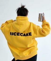 RICECAKEフェイクレザーラベル付きパッチワーク刺繍ロゴフーディー