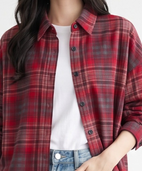 umune(ウムネ)の「抜け感をプラス♪ロングシーズン活躍するシアーチェックシャツ(シャツ/ブラウス・レディース・ブラック/ブラウン/ピンク/オフホワイト/レッド・FREE)」の21枚目の写真