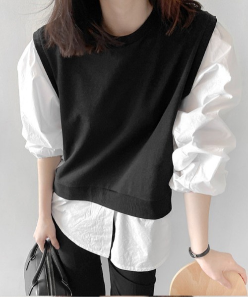 AMAJI（アマジ）の「シャツ切替 フェイクレイヤード トップス（シャツ/ブラウス・レディース・グレー/ブラック・X-LARGE/LARGE/MEDIUM）」の2枚目の写真
