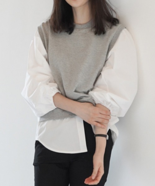 AMAJI（アマジ）の「シャツ切替 フェイクレイヤード トップス（シャツ/ブラウス・レディース・グレー/ブラック・X-LARGE/LARGE/MEDIUM）」の3枚目の写真