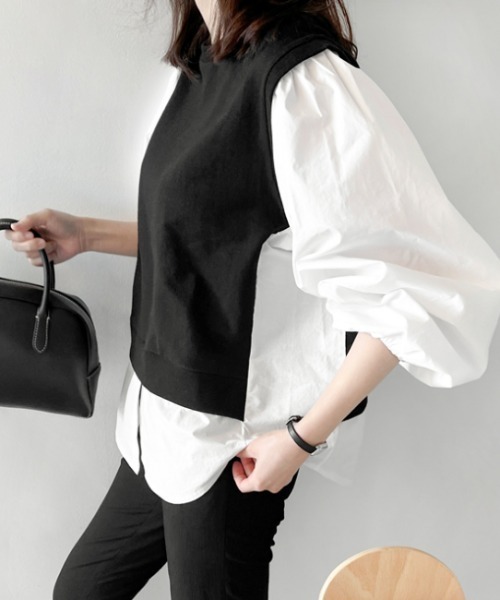 AMAJI（アマジ）の「シャツ切替 フェイクレイヤード トップス（シャツ/ブラウス・レディース・グレー/ブラック・X-LARGE/LARGE/MEDIUM）」の4枚目の写真