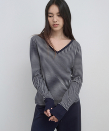 STRIPE V-NECK TOP_NAVY