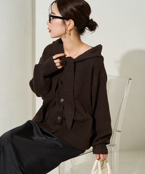 FREAK'S STORE(フリークスストア)の「限定展開 タイ付き フーディー ニット ボタン カーディガン(カーディガン/ボレロ・レディース・ナチュラル/ブラウン/チャコールグレー・フリ-)」の1枚目の写真