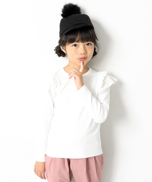 devirock(デビロック)の「厚手もっちり肩フリル長袖Tシャツ(Tシャツ/カットソー・キッズ・ピンク系その他/ネイビー/グリーン系その他/レッド系その他/オフホワイト/スモークピンク/ブラック/カーキ/ラベンダー/ヘザーチャコール/キャメル/ブルーグレー・100cm/110cm/120cm/130cm/140cm/150cm/80cm/90cm/160cm)」の2枚目の写真