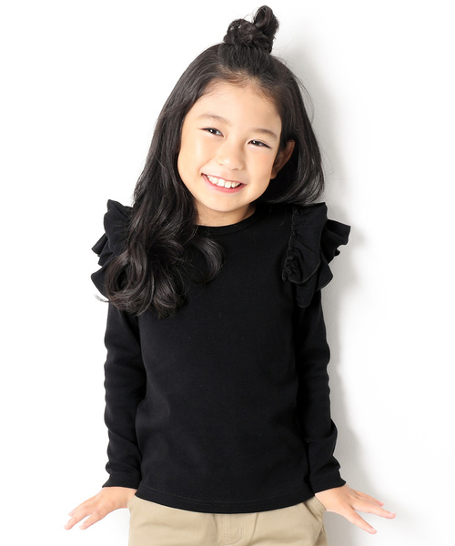 devirock(デビロック)の「厚手もっちり肩フリル長袖Tシャツ(Tシャツ/カットソー・キッズ・ピンク系その他/ネイビー/グリーン系その他/レッド系その他/オフホワイト/スモークピンク/ブラック/カーキ/ラベンダー/ヘザーチャコール/キャメル/ブルーグレー・100cm/110cm/120cm/130cm/140cm/150cm/80cm/90cm/160cm)」の3枚目の写真