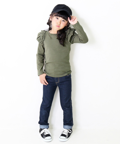 devirock(デビロック)の「厚手もっちり肩フリル長袖Tシャツ(Tシャツ/カットソー・キッズ・ピンク系その他/ネイビー/グリーン系その他/レッド系その他/オフホワイト/スモークピンク/ブラック/カーキ/ラベンダー/ヘザーチャコール/キャメル/ブルーグレー・100cm/110cm/120cm/130cm/140cm/150cm/80cm/90cm/160cm)」の16枚目の写真