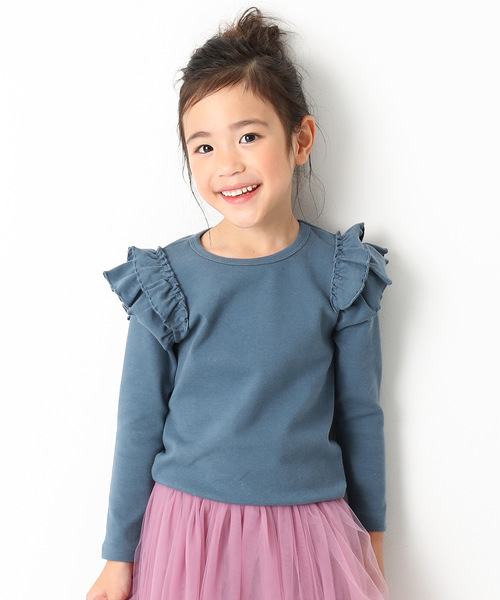 devirock(デビロック)の「厚手もっちり肩フリル長袖Tシャツ(Tシャツ/カットソー・キッズ・ピンク系その他/ネイビー/グリーン系その他/レッド系その他/オフホワイト/スモークピンク/ブラック/カーキ/ラベンダー/ヘザーチャコール/キャメル/ブルーグレー・100cm/110cm/120cm/130cm/140cm/150cm/80cm/90cm/160cm)」の4枚目の写真