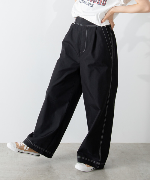 WEGO（ウィゴー）の「WEGO/ステッチタックワイドパンツ（スラックス・レディース・ベージュ/カーキ/ブラック/ホワイト/ダークベージュ・LARGE/SMALL/MEDIUM）」の3枚目の写真