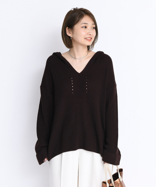 DouDou（ドゥドゥ）の「フード付片畦プルオーバーー（ニット/セーター・レディース・ベージュ/ブラウン/ピンク・FREE）」の2枚目の写真