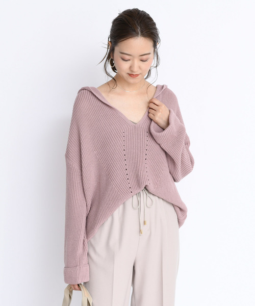 DouDou（ドゥドゥ）の「フード付片畦プルオーバーー（ニット/セーター・レディース・ベージュ/ブラウン/ピンク・FREE）」の3枚目の写真