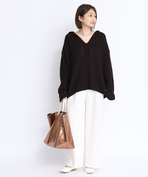 DouDou（ドゥドゥ）の「フード付片畦プルオーバーー（ニット/セーター・レディース・ベージュ/ブラウン/ピンク・FREE）」の11枚目の写真