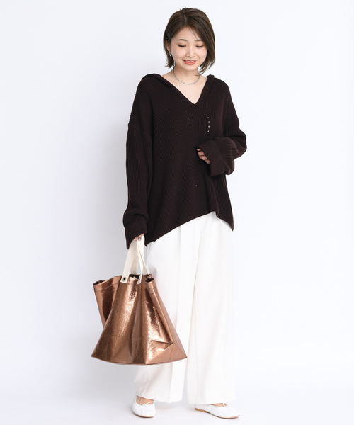 DouDou（ドゥドゥ）の「フード付片畦プルオーバーー（ニット/セーター・レディース・ベージュ/ブラウン/ピンク・FREE）」の9枚目の写真