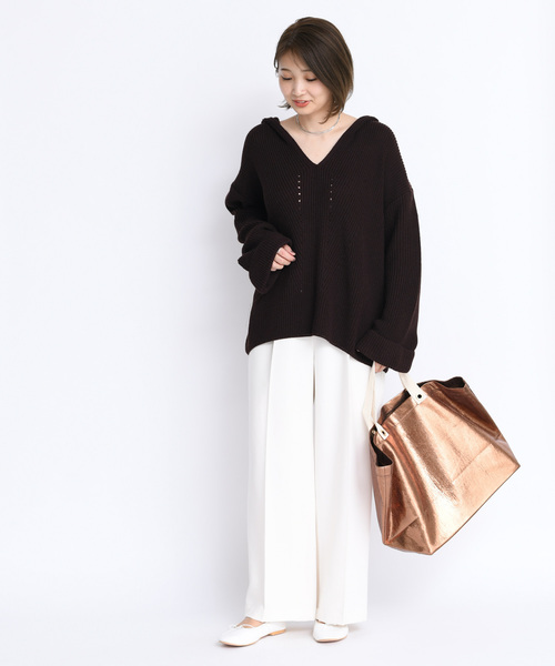 DouDou（ドゥドゥ）の「フード付片畦プルオーバーー（ニット/セーター・レディース・ベージュ/ブラウン/ピンク・FREE）」の8枚目の写真