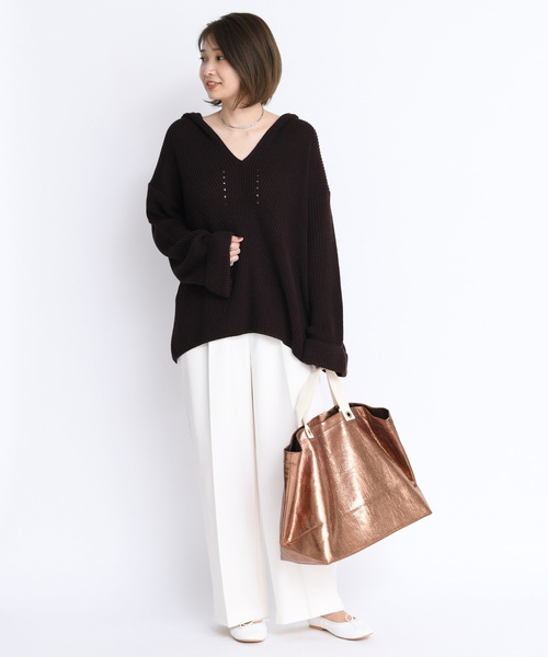 DouDou（ドゥドゥ）の「フード付片畦プルオーバーー（ニット/セーター・レディース・ベージュ/ブラウン/ピンク・FREE）」の7枚目の写真