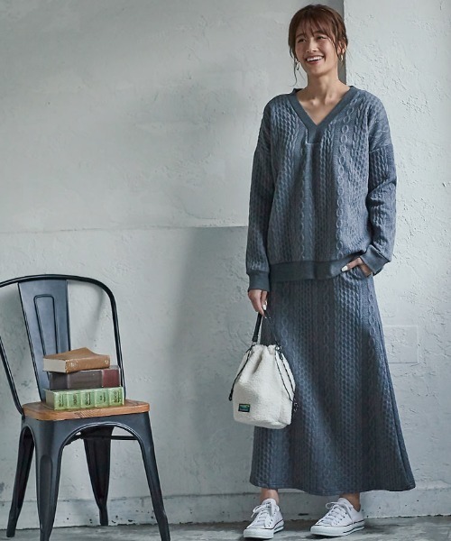 KOBE LETTUCE（コウベレタス）の「ケーブル柄カットソーロングスカート【セットアップOK】（スカート・レディース・キャメル/チャコールグレー/ネイビー/ブラック・FREE）」の10枚目の写真