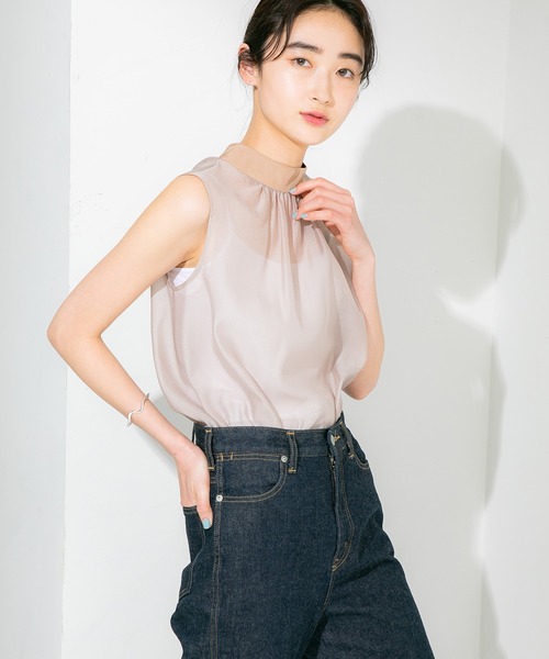 STUDIOUS（ステュディオス）の「【STUDIOUS】シアーハイネックブラウス（Tシャツ/カットソー・レディース・ブルー/ブラック/ベージュ・FREE）」の5枚目の写真