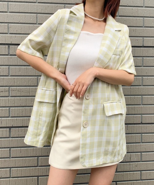 at12:03（アットイチニーゼロサン）の「オーバーサイズチェックジャケット（テーラードジャケット・レディース・イエロー/ブルー・FREE）」の2枚目の写真