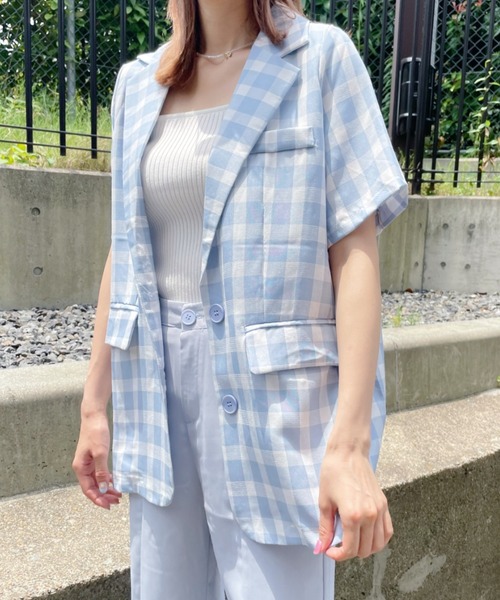 at12:03（アットイチニーゼロサン）の「オーバーサイズチェックジャケット（テーラードジャケット・レディース・イエロー/ブルー・FREE）」の3枚目の写真