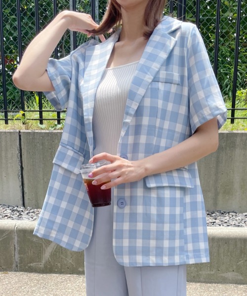 at12:03（アットイチニーゼロサン）の「オーバーサイズチェックジャケット（テーラードジャケット・レディース・イエロー/ブルー・FREE）」の4枚目の写真