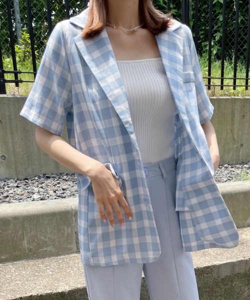 at12:03（アットイチニーゼロサン）の「オーバーサイズチェックジャケット（テーラードジャケット・レディース・イエロー/ブルー・FREE）」の5枚目の写真