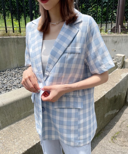 at12:03（アットイチニーゼロサン）の「オーバーサイズチェックジャケット（テーラードジャケット・レディース・イエロー/ブルー・FREE）」の7枚目の写真