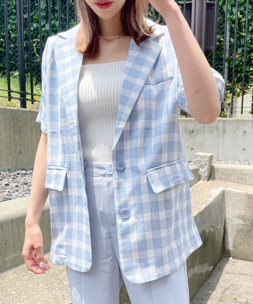 at12:03（アットイチニーゼロサン）の「オーバーサイズチェックジャケット（テーラードジャケット・レディース・イエロー/ブルー・FREE）」の8枚目の写真