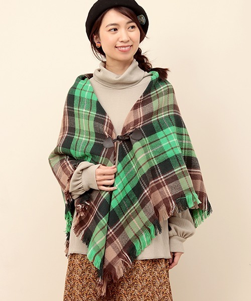 チチカカ（チチカカ）の「トグル付きチェックポンチョ（ストール/ショール・レディース・ベージュ/グリーン・FREE）」の2枚目の写真