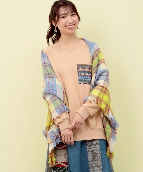 チチカカ（チチカカ）の「トグル付きチェックポンチョ（ストール/ショール・レディース・ベージュ/グリーン・FREE）」の6枚目の写真