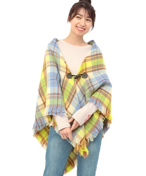 チチカカ（チチカカ）の「トグル付きチェックポンチョ（ストール/ショール・レディース・ベージュ/グリーン・FREE）」の9枚目の写真