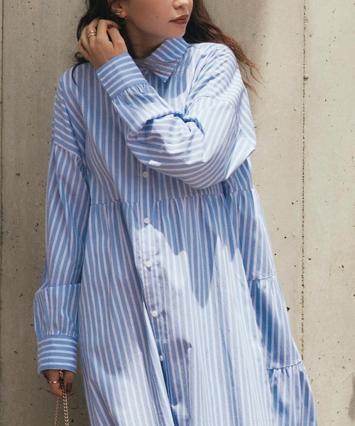 titivate（ティティベイト）の「ﾊﾞｯｸﾃｨｱｰﾄﾞﾐﾆﾜﾝﾋﾟｰｽ（シャツワンピース・レディース・ブルー系その他/ブラック/オフホワイト・L/S/M）」の6枚目の写真