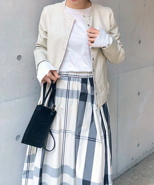 DouDou（ドゥドゥ）の「ノーカラーレザージャケット（ノーカラージャケット・レディース・オフホワイト/ブラック・FREE）」の10枚目の写真