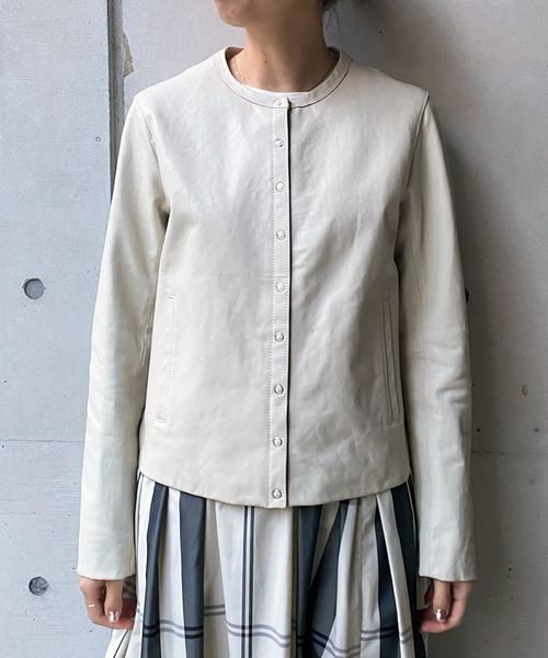 DouDou（ドゥドゥ）の「ノーカラーレザージャケット（ノーカラージャケット・レディース・オフホワイト/ブラック・FREE）」の13枚目の写真