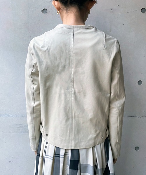 DouDou（ドゥドゥ）の「ノーカラーレザージャケット（ノーカラージャケット・レディース・オフホワイト/ブラック・FREE）」の15枚目の写真