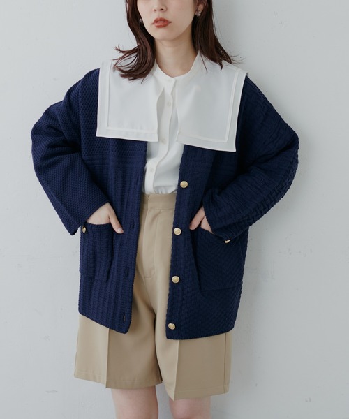 natural couture(ナチュラルクチュール)の「様々な編み地を楽しめる!いろいろ編み金釦ジャケットカーディガン(カーディガン/ボレロ・レディース・ベージュ/ネイビー/オフホワイト・FREE)」の11枚目の写真