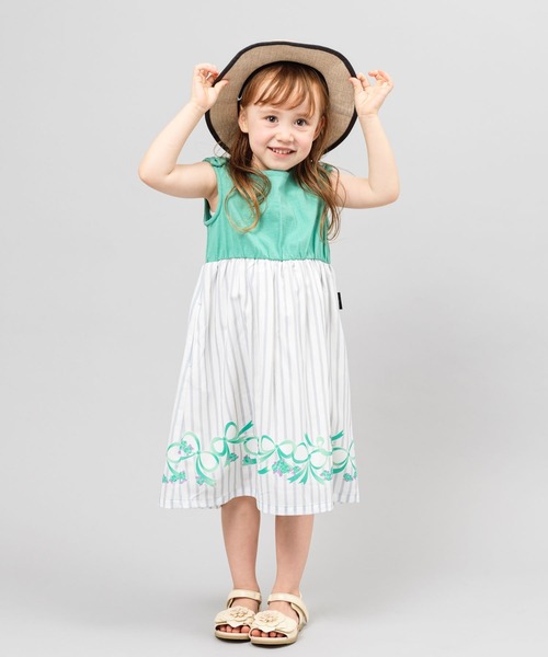 KP（ケーピー）の「ストライプ＆リボンプリントポリエステルシフォンと天竺のドッキングワンピース(100-130cm)（ワンピース・キッズ・ブルー/グリーン・100cm/130cm/110cm/120cm）」の8枚目の写真