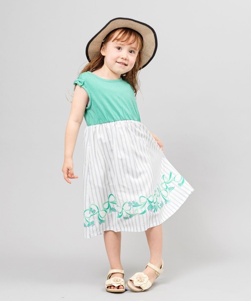 KP（ケーピー）の「ストライプ＆リボンプリントポリエステルシフォンと天竺のドッキングワンピース(100-130cm)（ワンピース・キッズ・ブルー/グリーン・100cm/130cm/110cm/120cm）」の10枚目の写真