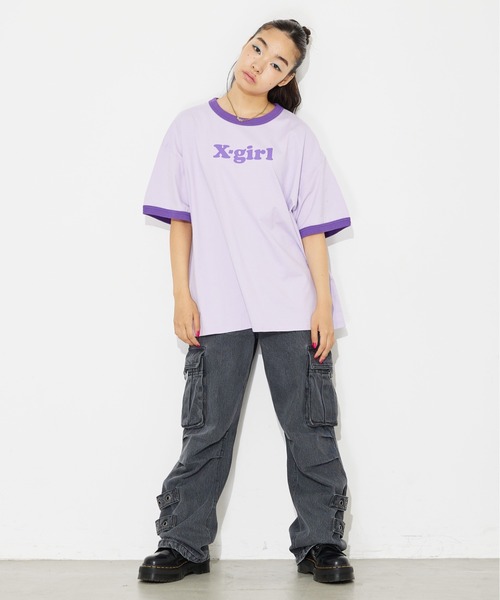 X-girl（エックスガール）の「LOGO RINGER S/S TEE/ブランドロゴ リンガーTシャツ（Tシャツ/カットソー・レディース・チャコール/ホワイト/ライトパープル・S/M）」の19枚目の写真
