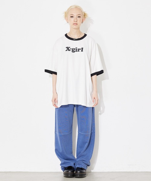 X-girl エックスガール 半袖 Tシャツ レディース リンガーシャツ フロントロゴ オーバーサイズ 105251011027 X-girl エックスガール 半袖 Tシャツ レディース リンガーシャツ