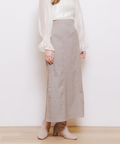 flower(フラワー)の「チェックマーメイドスカート(スカート・レディース・ベージュ/ブラウン・FREE)」の1枚目の写真